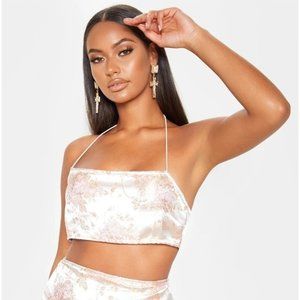 NWT Pretty Little Thing Pink Floral Brocade Print Halter Zip Up Bralette Size 8